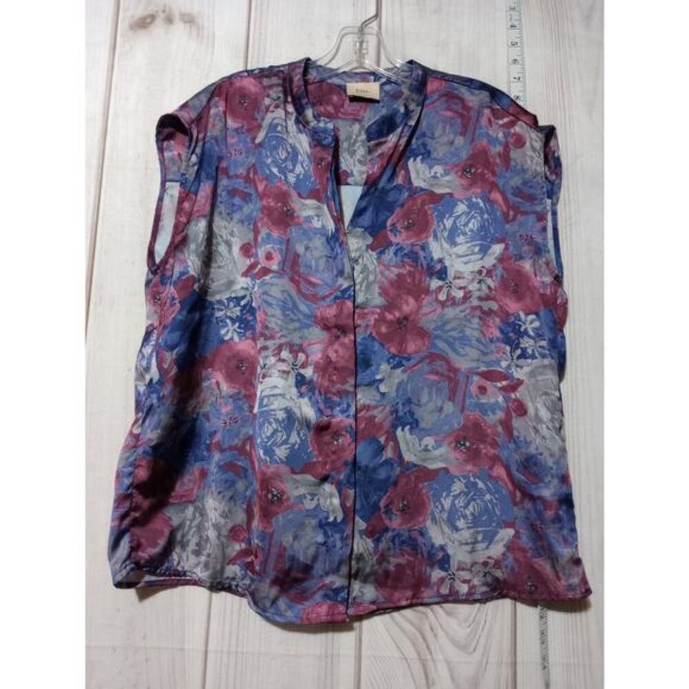 Elie Tahari Blouse Womens Medium Blue Purple Pink Floral Satin Sleeveless Top